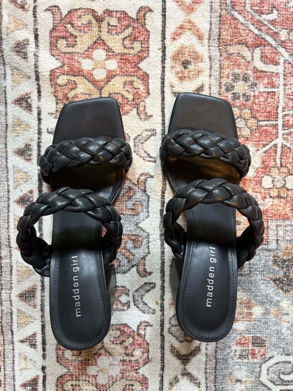 Madden Girl Black Braided Double-Strap Slide Heels